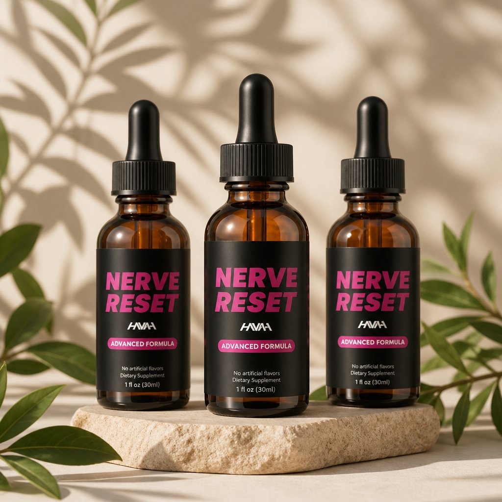 Three NerveReset Drops bottles with navy labels