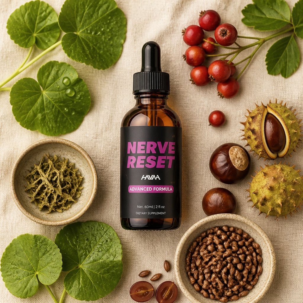 Botanical ingredients flat lay with NerveReset drops bottle